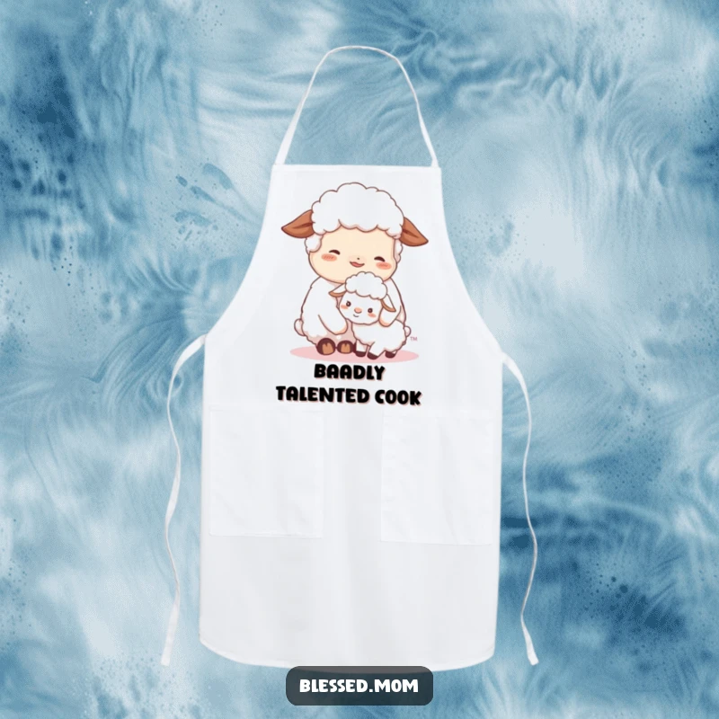 This apron features a contented sheep mom nuzzling her fluffy lamb, perfect for gentle kitchen tasks and embodying nurturing warmth.