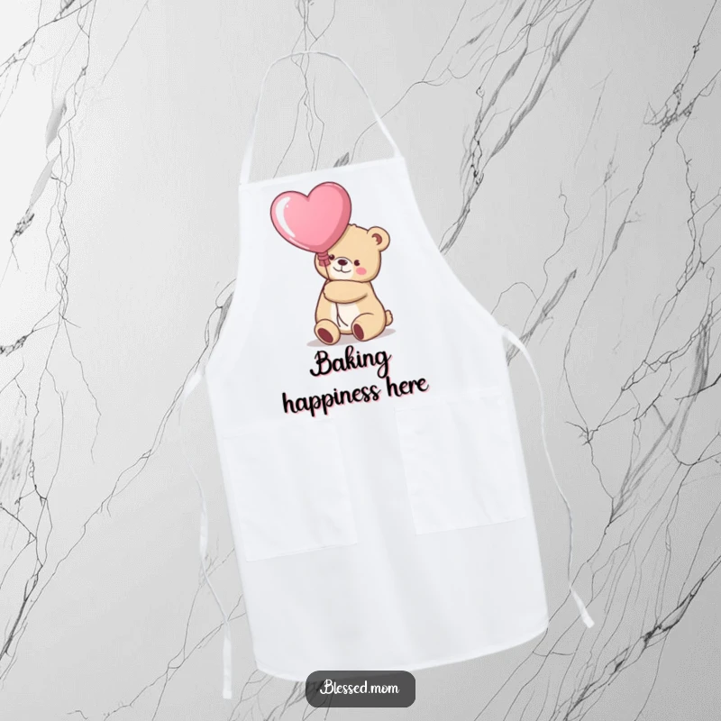Funny kawaii bear mom hugging a heart balloon on a cute kitchen apron, a lovely gift.