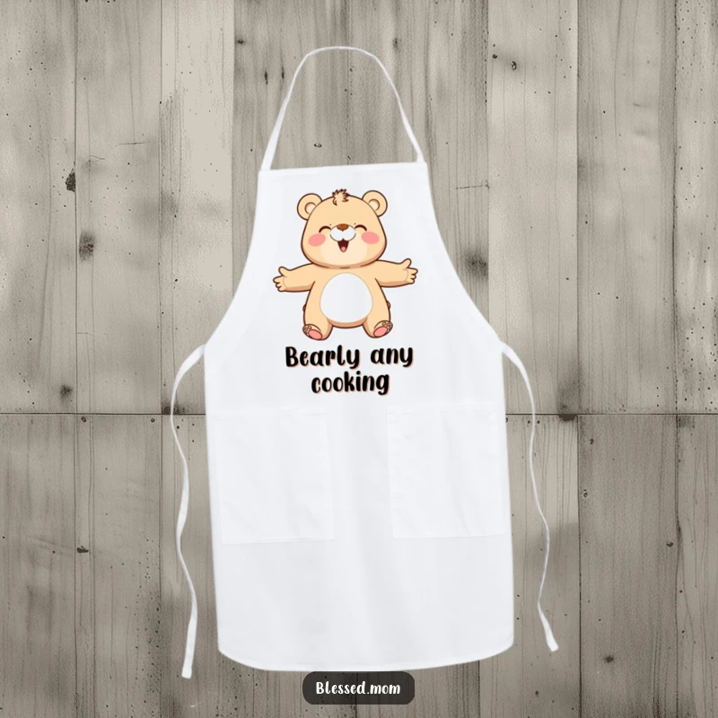 Funny bear mom apron, a happy mama bear with arms outstretched, ready to give a hug while you cook. Practical and cute.