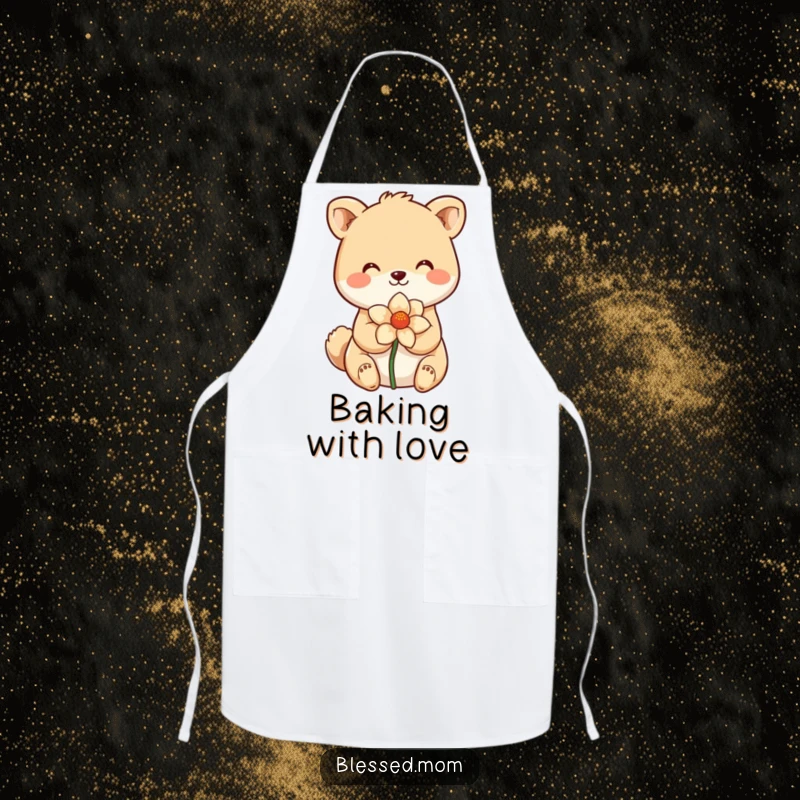 Funny Apron depicting a smiling animal holding a flower, perfect for kitchen tasks with sweet humor. A practical funny gift.