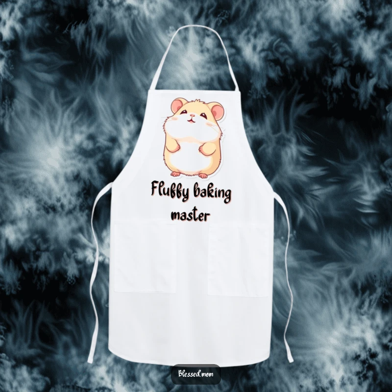 Funny hamster apron showing a fluffy hamster with a gentle smile looking upward, perfect for happy cooking.