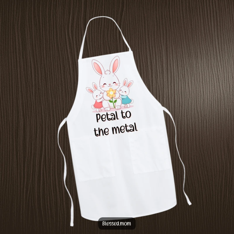 Funny kawaii bunny mom presenting flowers on a cute kitchen apron, a lovely gift.