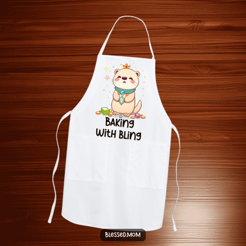 Funny Kawaii Otter Mom Apron: Cute otter mom balancing shiny treasures, adding playful charm and humor to kitchen activities.