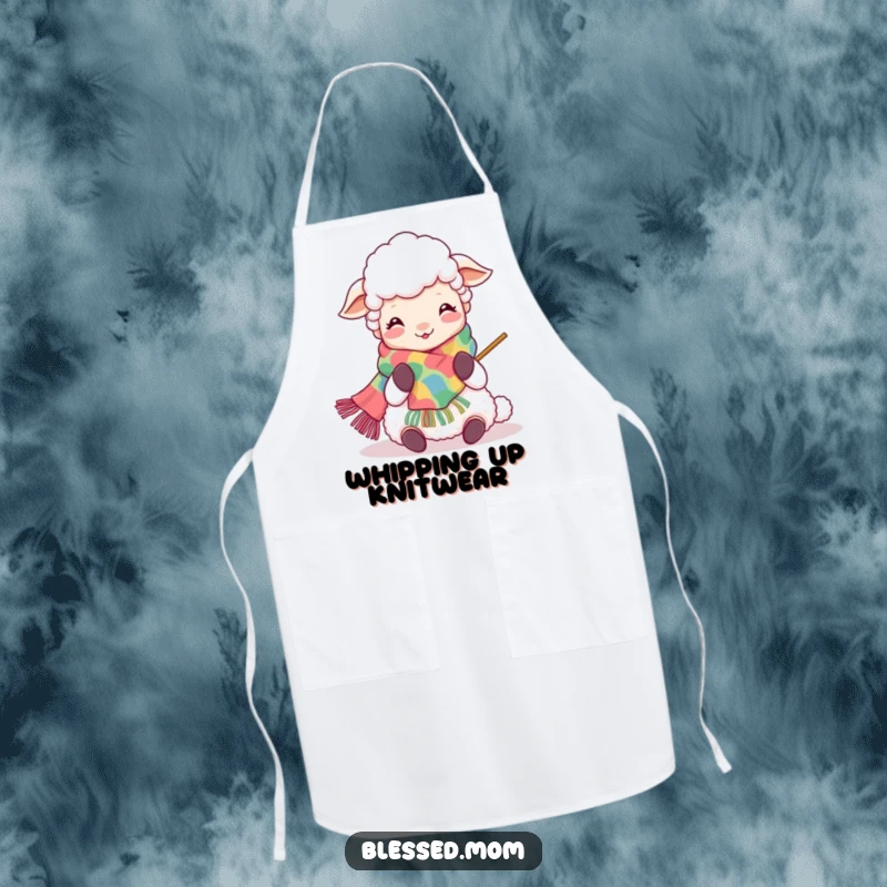 Funny Kawaii Sheep Mom Apron: Cheerful sheep mom knitting, adding a touch of humor and joy to cooking or crafting.