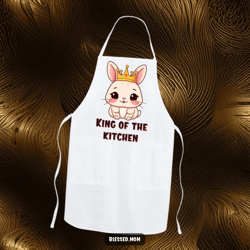 Funny rabbit apron with a content rabbit wearing a small crown, ideal for royal cooking and kitchen duties.