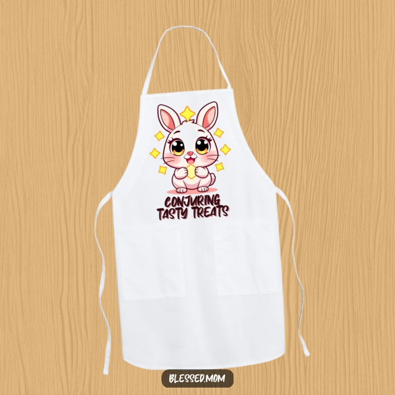 Funny apron with a cheerful rabbit character with wide eyes, holding a glowing charm, perfect for cooking with whimsical humor.