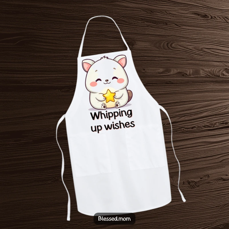 Funny Apron depicting a serene happy animal holding a tiny glowing star, perfect for cooking and kitchen fun.