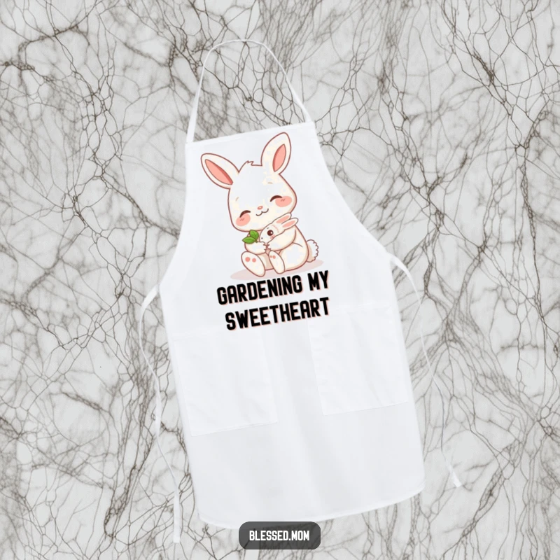 Funny bunny mom apron, a smiling mama hare cradling a tiny sprout, ideal for kitchen duties and adding a cute, humorous touch.