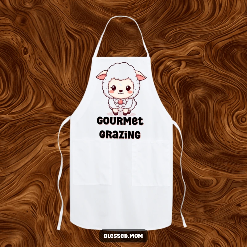 Funny apron showcasing a fluffy sheep adorned with a pearl necklace, ready to add flair to cooking.