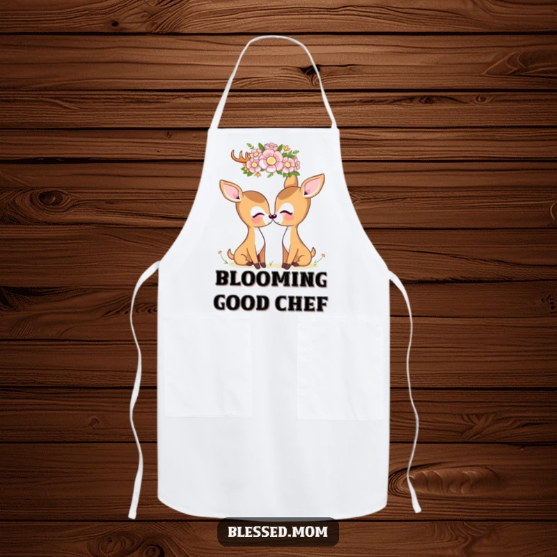 This kawaii deer mom apron features a deer appreciating a flower crown, perfect for gentle kitchen tasks and nature lovers.