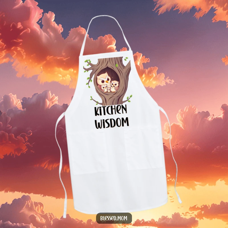 Funny Apron: A mother owl hooting gently to her owlets in a snug tree hollow.
