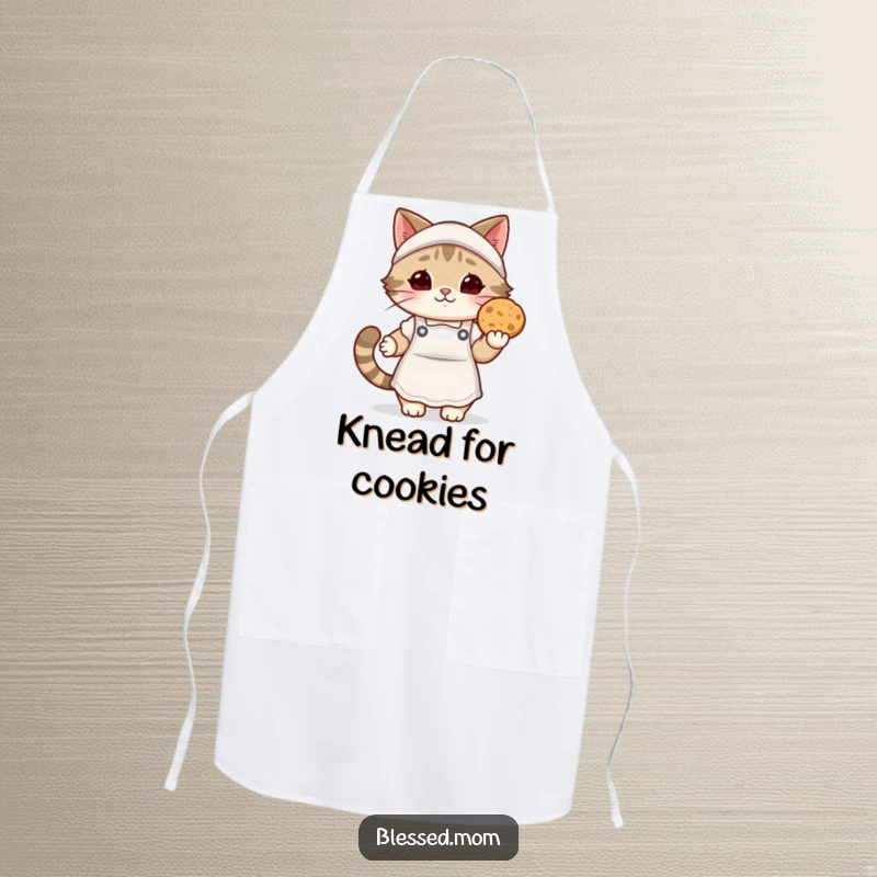Funny kawaii cat mom apron, a cute cat mom in a cozy apron holding a warm cookie, perfect for kitchen duties and bakers.