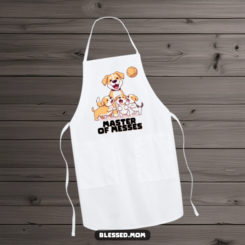 Funny Apron: A joyful dog mom tosses a ball for her rambunctious puppies, a cute kitchen accessory.