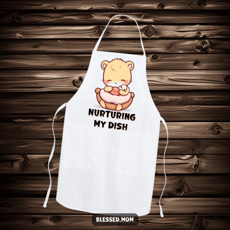 Funny Apron featuring a gentle animal rocking a miniature cradled object, ideal for cooking with love and care.