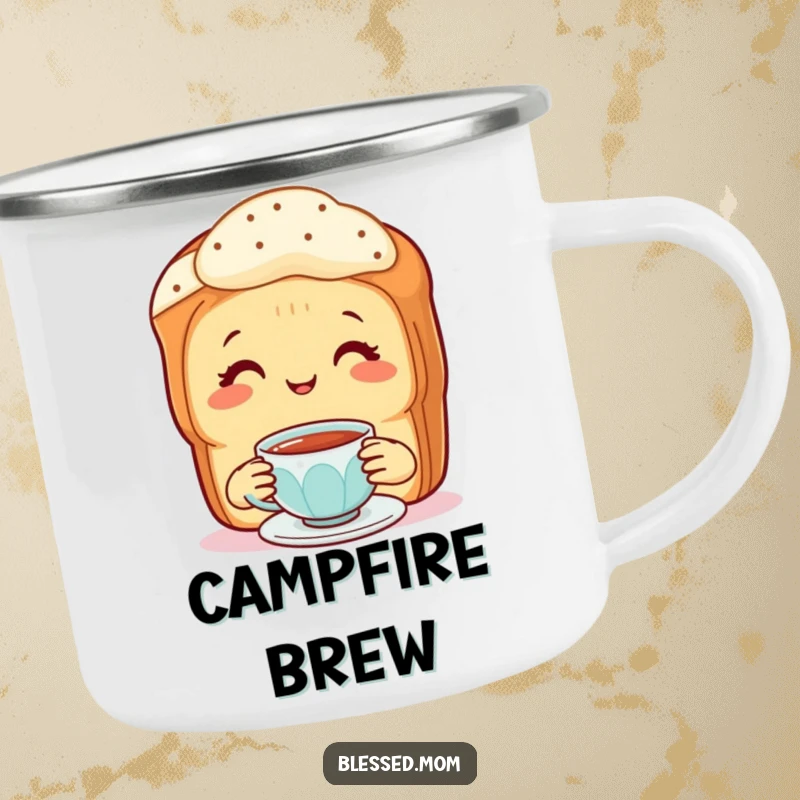 Funny Camping Mug: Mother scone offering tea, ready for outdoor relaxation.