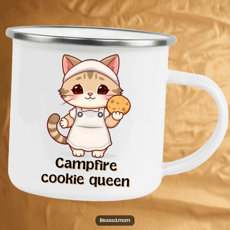 Funny kawaii cat mom camping mug, a cute cat mom in a cozy apron holding a warm cookie, perfect for outdoor adventures.