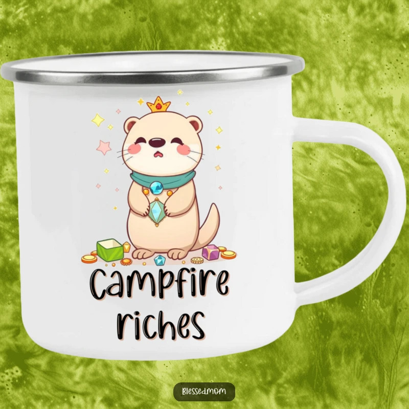 Funny Kawaii Otter Mom Camping Mug: Cute otter mom balancing shiny treasures, perfect for outdoor adventures and a sparkling start.