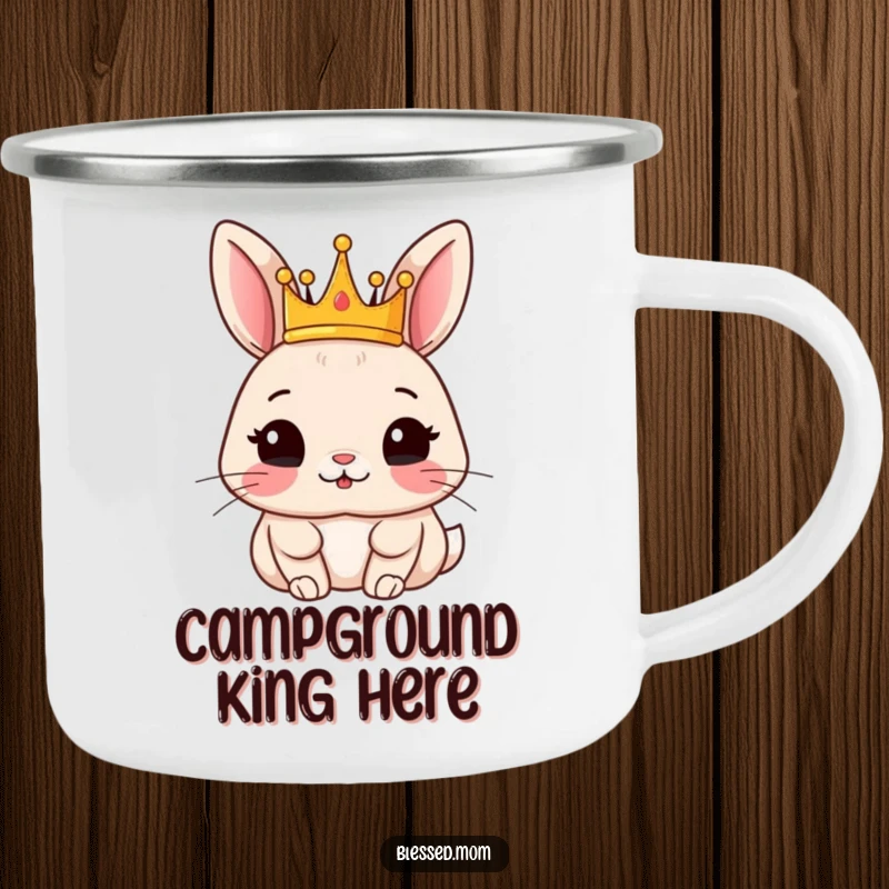 Funny rabbit camping mug featuring a content rabbit wearing a crown, perfect for regal outdoor enjoyment.