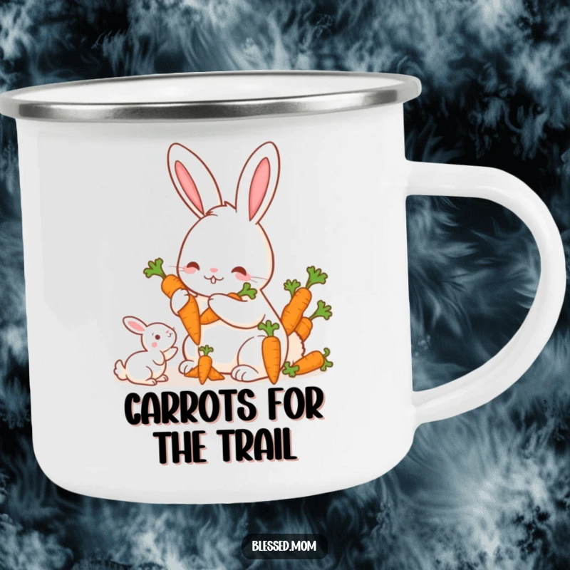 Funny Mama Rabbit Carrots Camping Mug, a cute mother rabbit offering a bunch of carrots to her offspring, sturdy and portable, perfect outdoor funny gift.