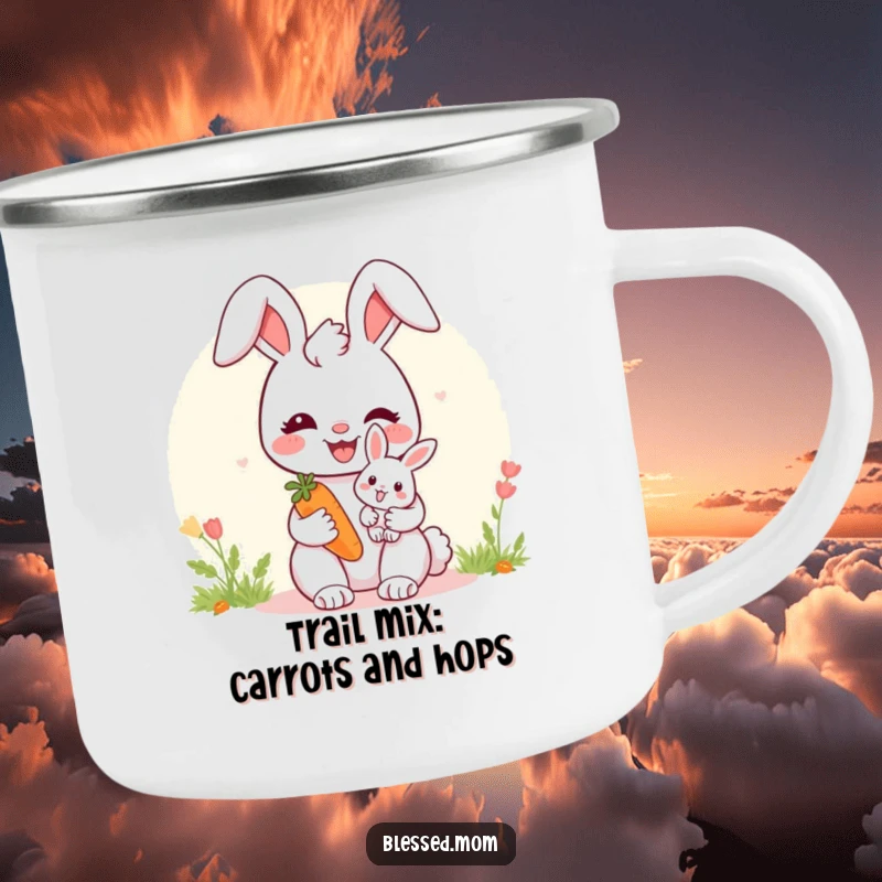 Cozy bunny mom camping mug with a baby bunny and carrot, perfect for enjoying warm drinks outdoors.