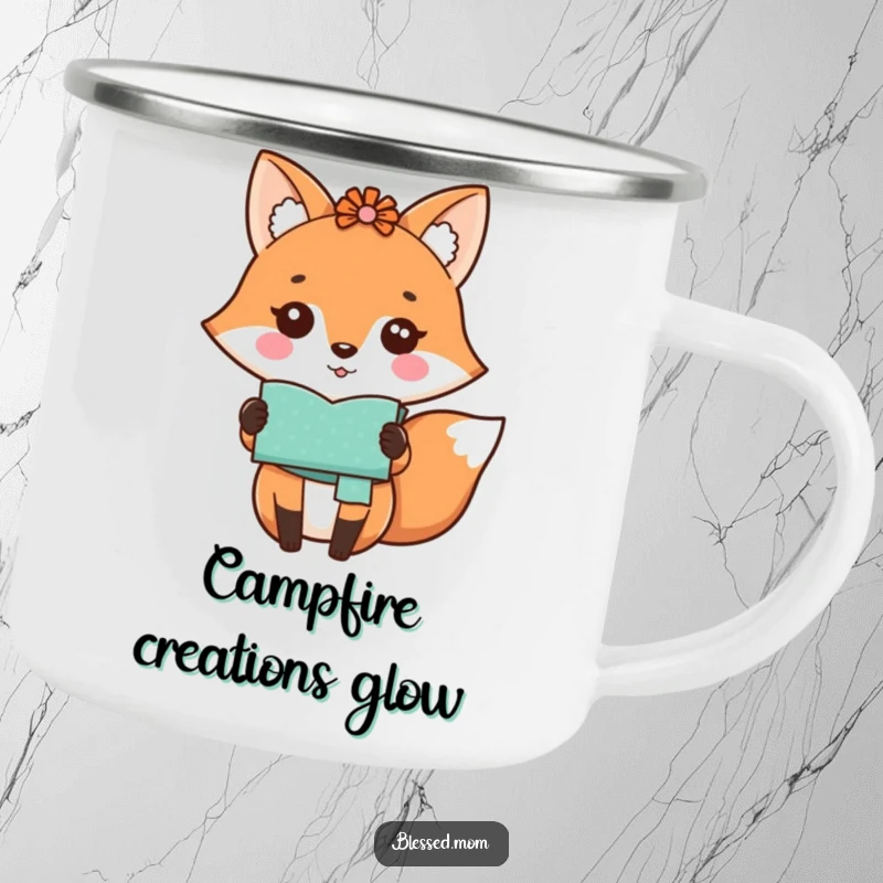 Funny kawaii fox mom proudly displaying a handmade craft on a durable camping mug, ideal for outdoors, a gift.