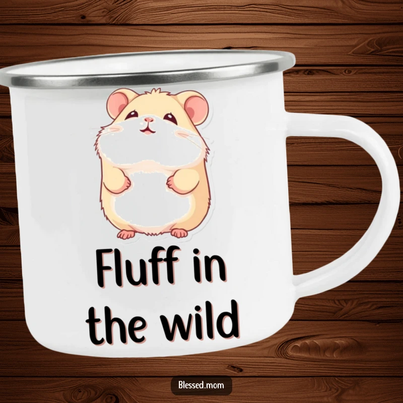 Funny hamster camping mug featuring a fluffy hamster with a gentle smile looking upward, perfect for happy outdoor moments.