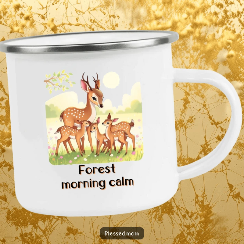 Funny Camping Mug: Deer mom nuzzling fawns in a meadow, ready for outdoor exploration.
