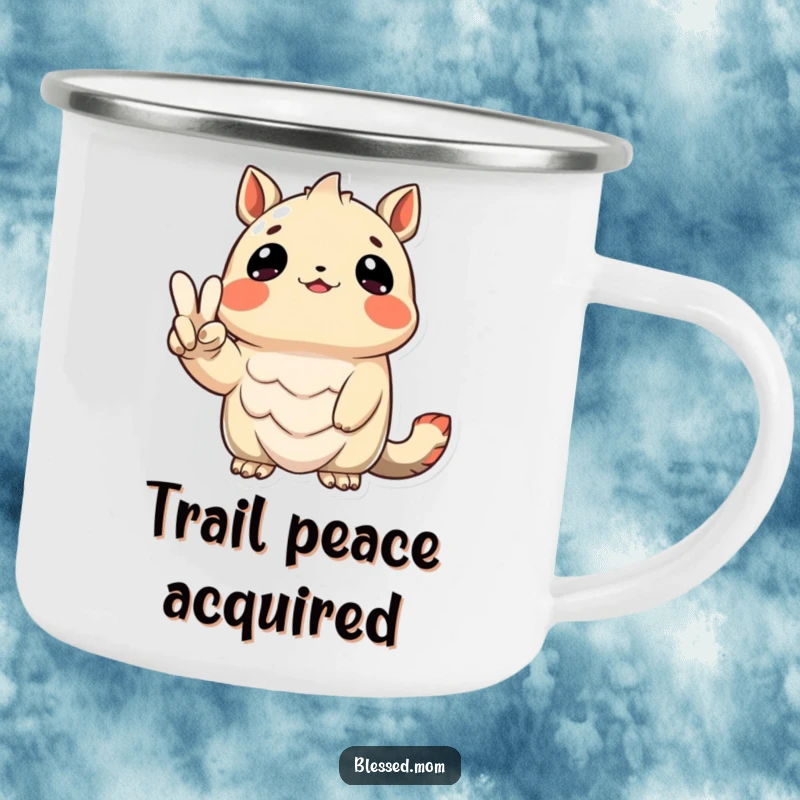 Funny Camping Mug with a grateful creature holding a peace sign, ideal for outdoor enjoyment and positive vibes.