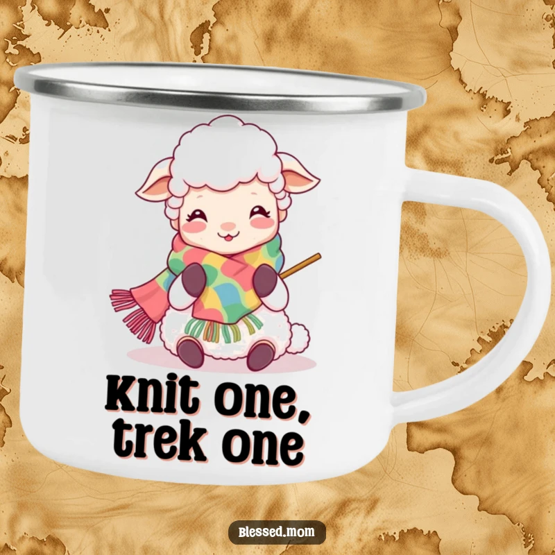 Funny Kawaii Sheep Mom Camping Mug: Joyful sheep mom knitting by the campfire, perfect for outdoor enthusiasts and crafters.