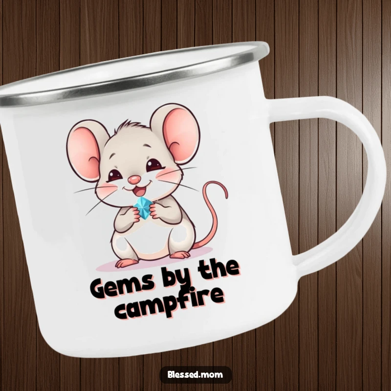 Funny mouse camping mug featuring a cheerful mouse offering a tiny, sparkling jewel, perfect for adventurous treasure hunts.