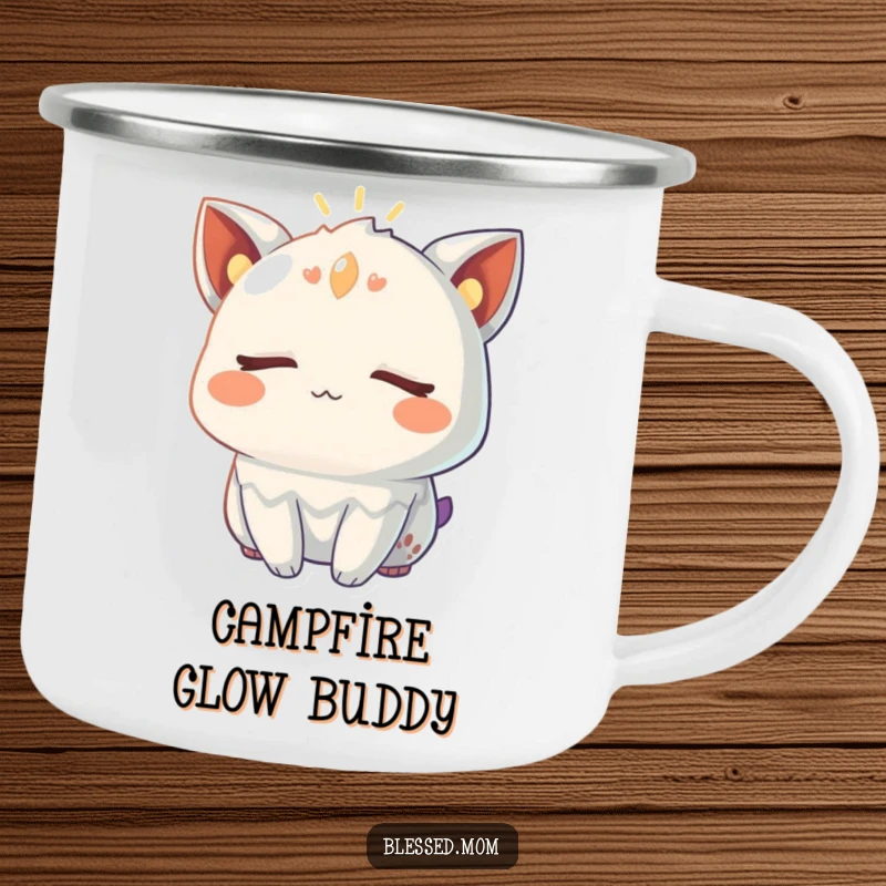 Funny Camping Mug with a creature's eyes closed, radiating a warm, gentle glow, ideal for warm drinks and peaceful adventures.