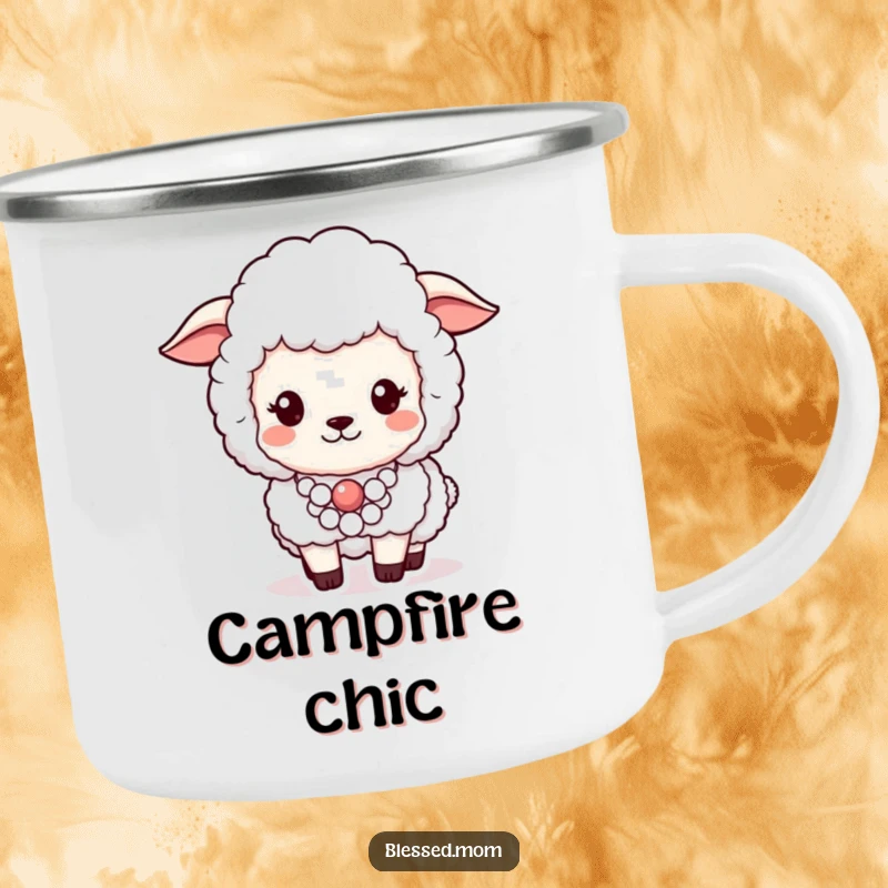 Funny camping mug featuring a fluffy sheep wearing a pearl necklace, ready for outdoor elegance.