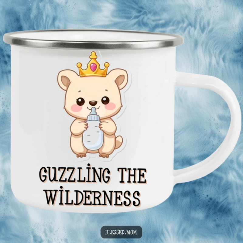Funny Camping Mug: A proud, crowned baby animal with a baby bottle, ready for outdoor adventures with humorous charm.