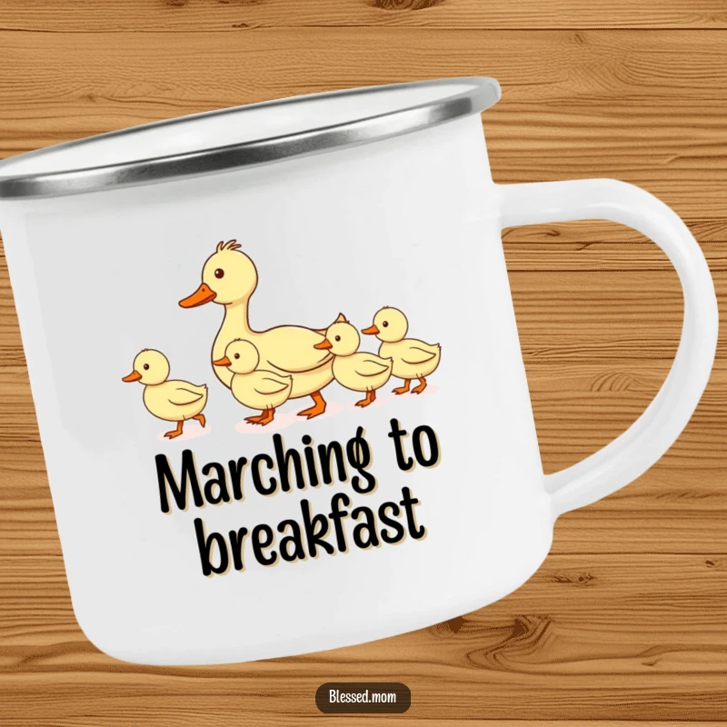Funny mom duck camping mug, showing a mother duck leading her ducklings in a perfectly straight line, perfect for organized outdoor adventures.