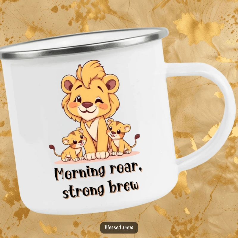 Cozy lioness mom camping mug with a proud lioness watching playful cubs, ideal for outdoor use.