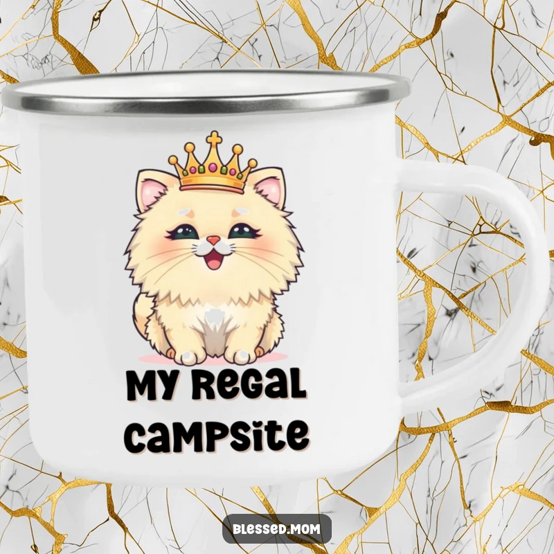 Funny camping mug of a fluffy cat wearing a tiny crown, beaming with pride, durable and humorous drinkware for adventurers.
