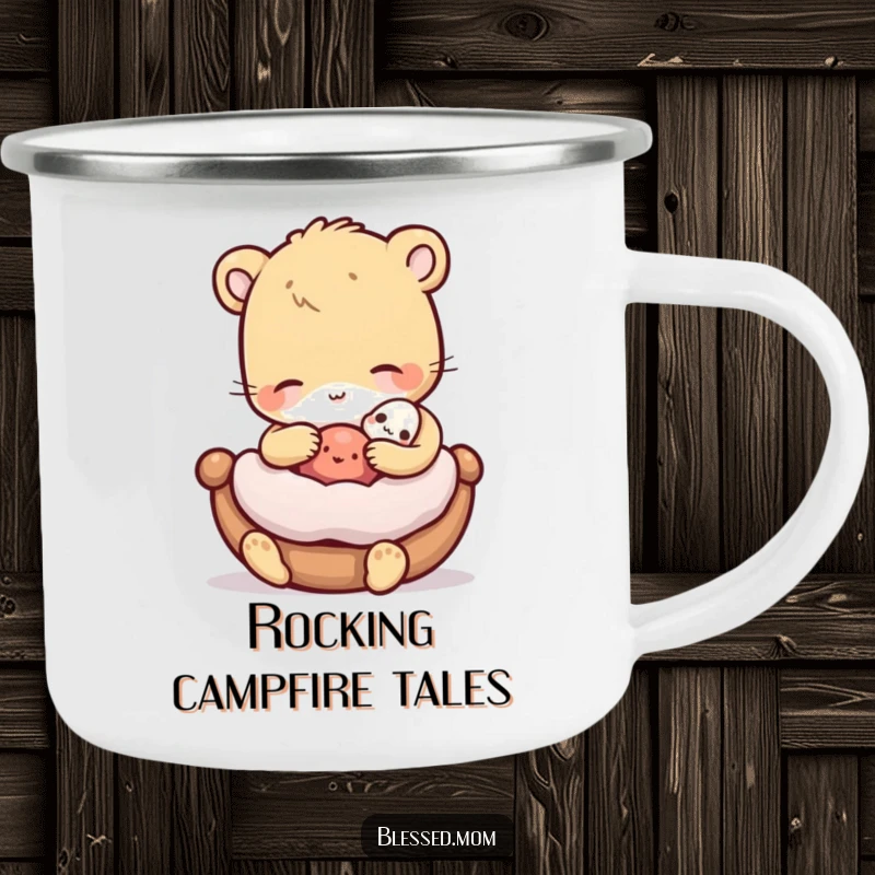Funny Camping Mug with a gentle animal rocking a miniature cradled object, ideal for warm drinks and gentle adventures.