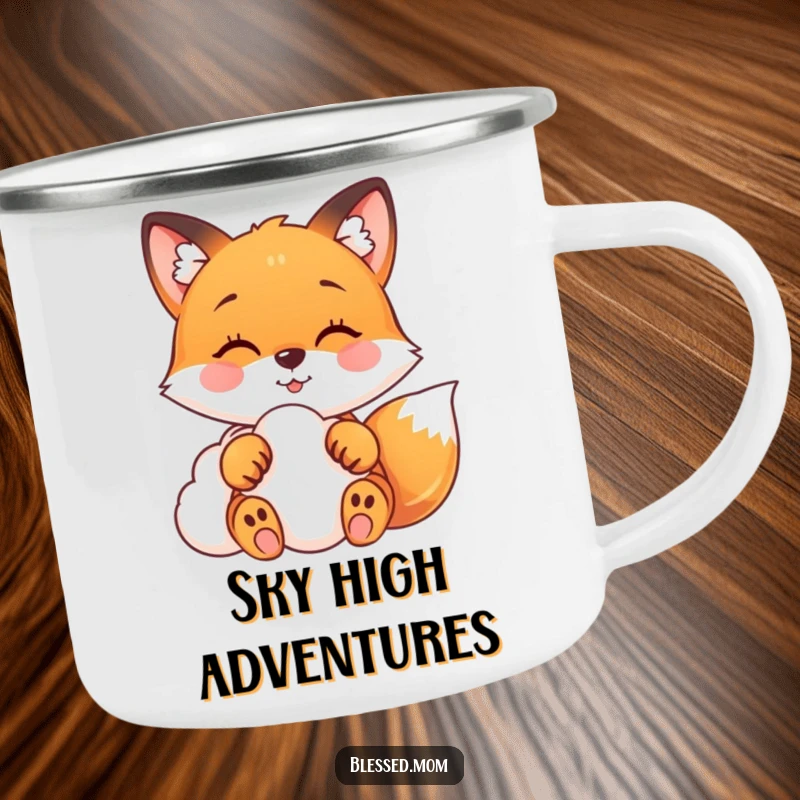 Funny fox camping mug featuring a happy fox with paws touching a soft cloud, perfect for dreamy outdoor experiences.