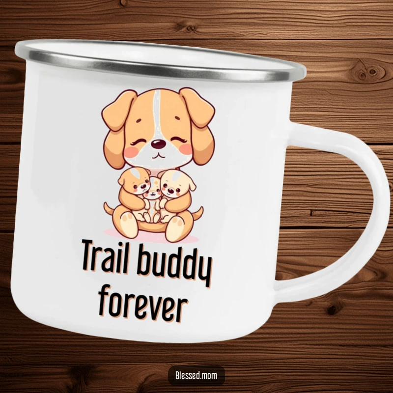 Funny kawaii dog mom holding puppies on a durable camping mug, ideal for outdoor adventures, a gift.