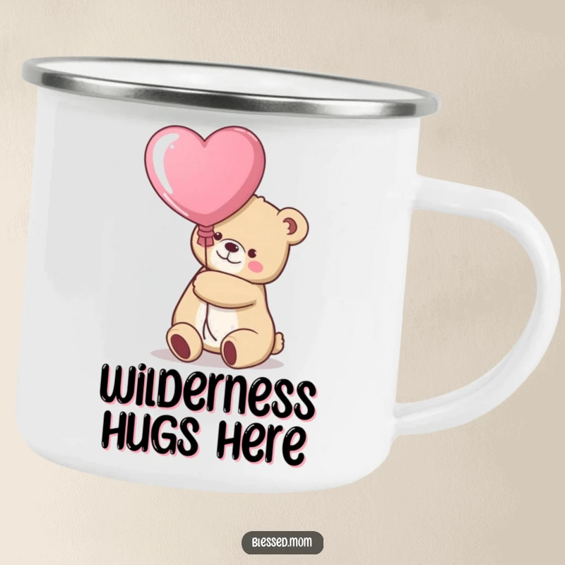 Funny kawaii bear mom hugging a heart balloon on a durable camping mug, ideal for outdoors, a gift.