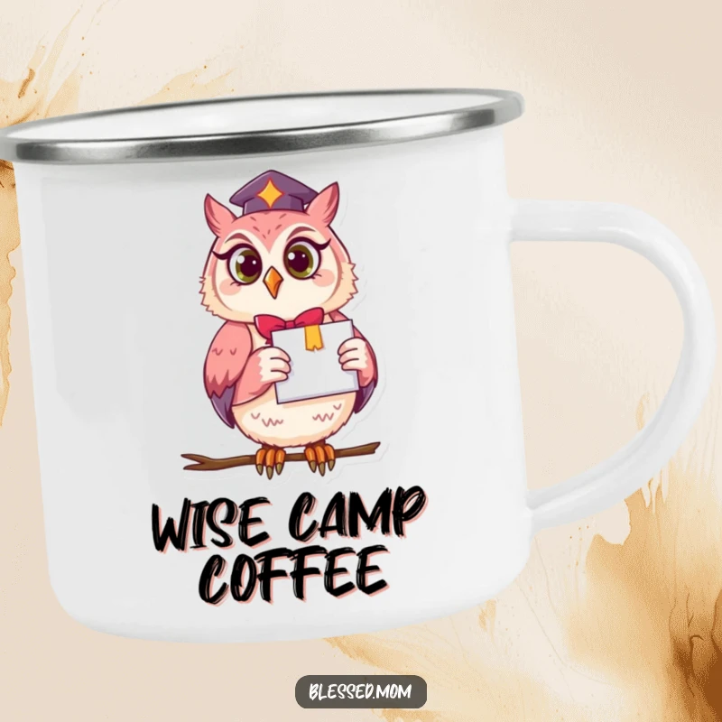 Funny owl mom with a diploma on a durable camping mug, perfect for wise adventurers and celebrating graduation outdoors.