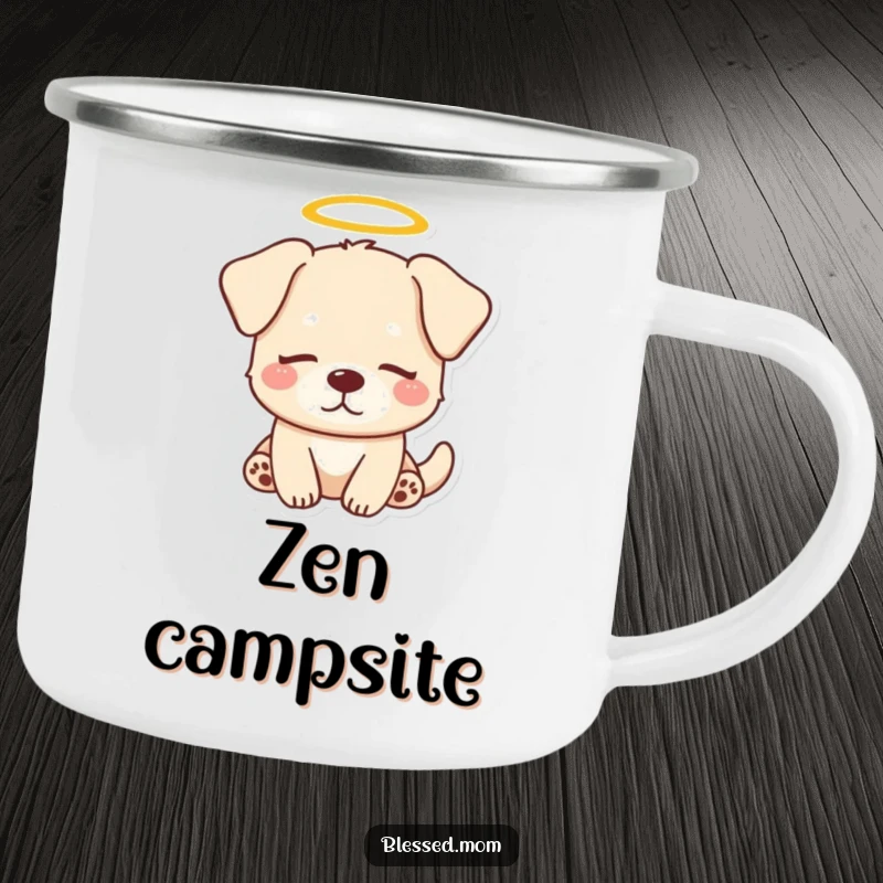 Funny Dog Halo Camping Mug: Kawaii dog with a halo looks serenely peaceful, perfect for outdoor adventures. A durable and funny gift.