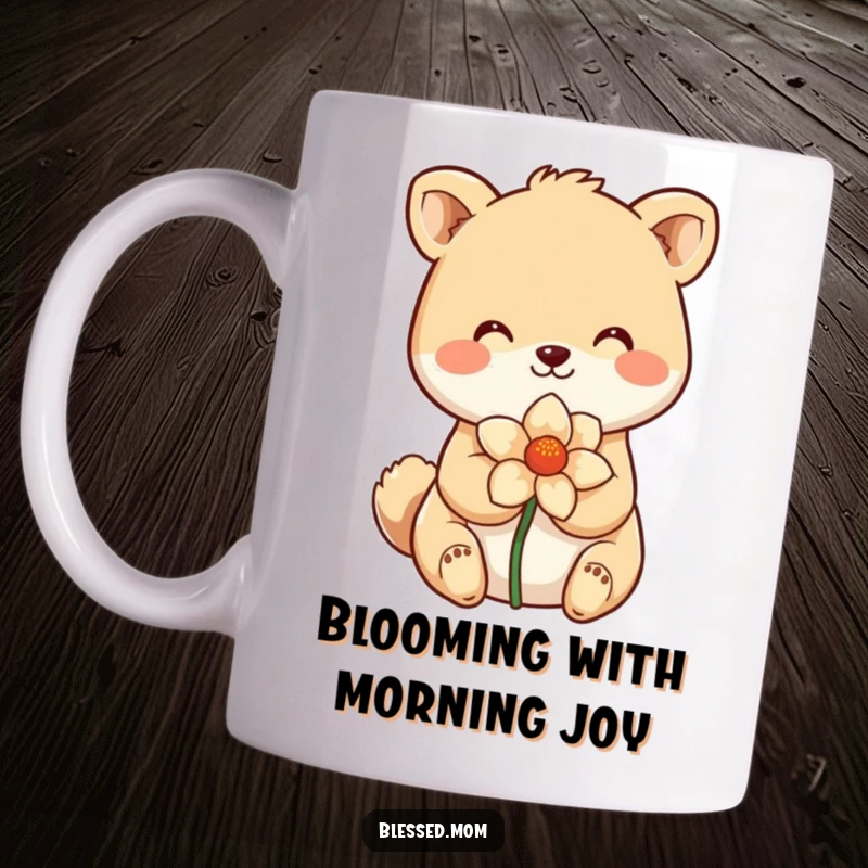 Funny Mug depicting a smiling animal gently holding a delicate flower, radiating sweetness and joy. A perfect funny gift.