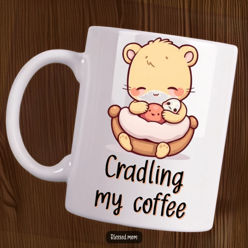 Funny Mug showing a gentle animal rocking a miniature cradled object, evoking feelings of care and tenderness as a gift.