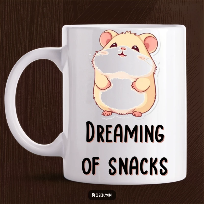 Funny hamster mug featuring a fluffy hamster with a gentle smile looking upward, embodying sweet contentment and hope.