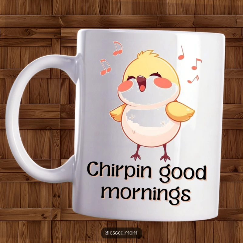 Funny bird mug featuring a small bird singing joyfully with light radiating around it, capturing pure happiness.
