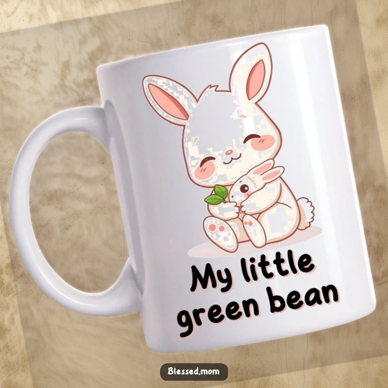 Funny bunny mom mug featuring a gentle smiling mama hare lovingly cradling a tiny green sprout, symbolizing new beginnings and sweet nurturing.