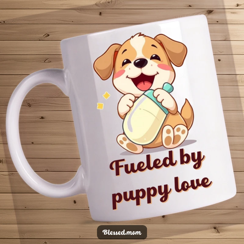 Funny mug with a playful dog character joyfully cradling a shiny baby bottle, looking adorable and a bit mischievous.