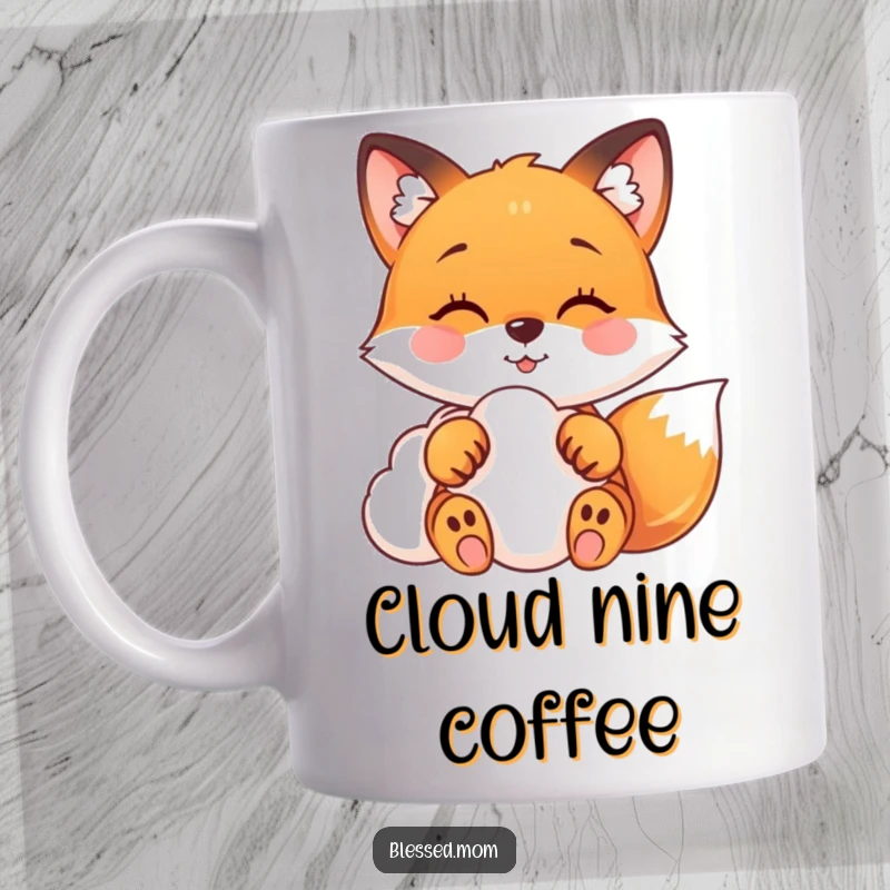 Funny fox mug with a happy fox gently touching a soft cloud with its paws, conveying peace and comfort.