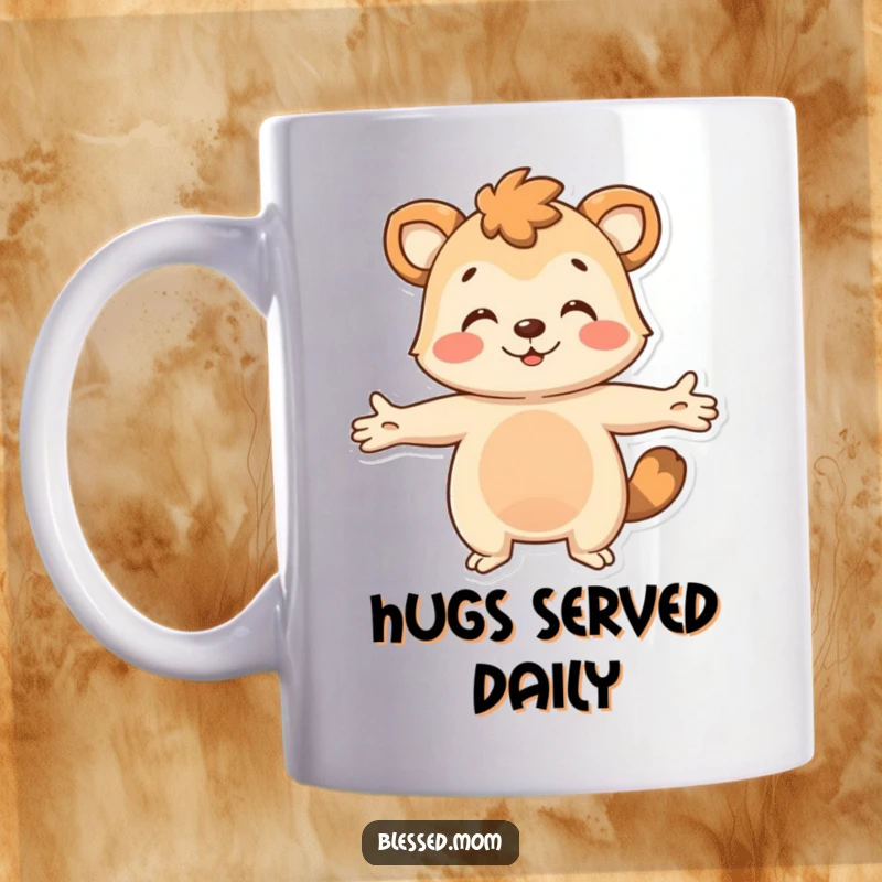 Funny Mug: An animal gives a warm, welcoming hug with arms outstretched, symbolizing comfort and friendly affection.